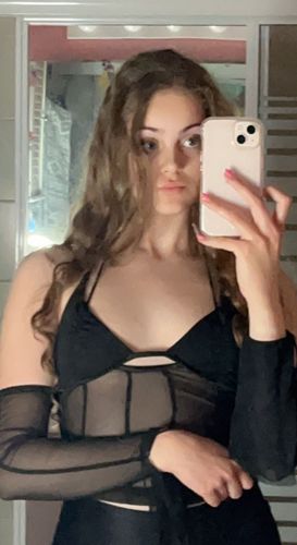 Customer photo review of Tie back mesh see-through off shoulder halter top