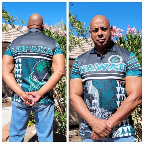 Customer photo review of Personalised - Hawaii Kakau Polynesian Warrior Football Polo Shirt - AH - Rainbow Style
