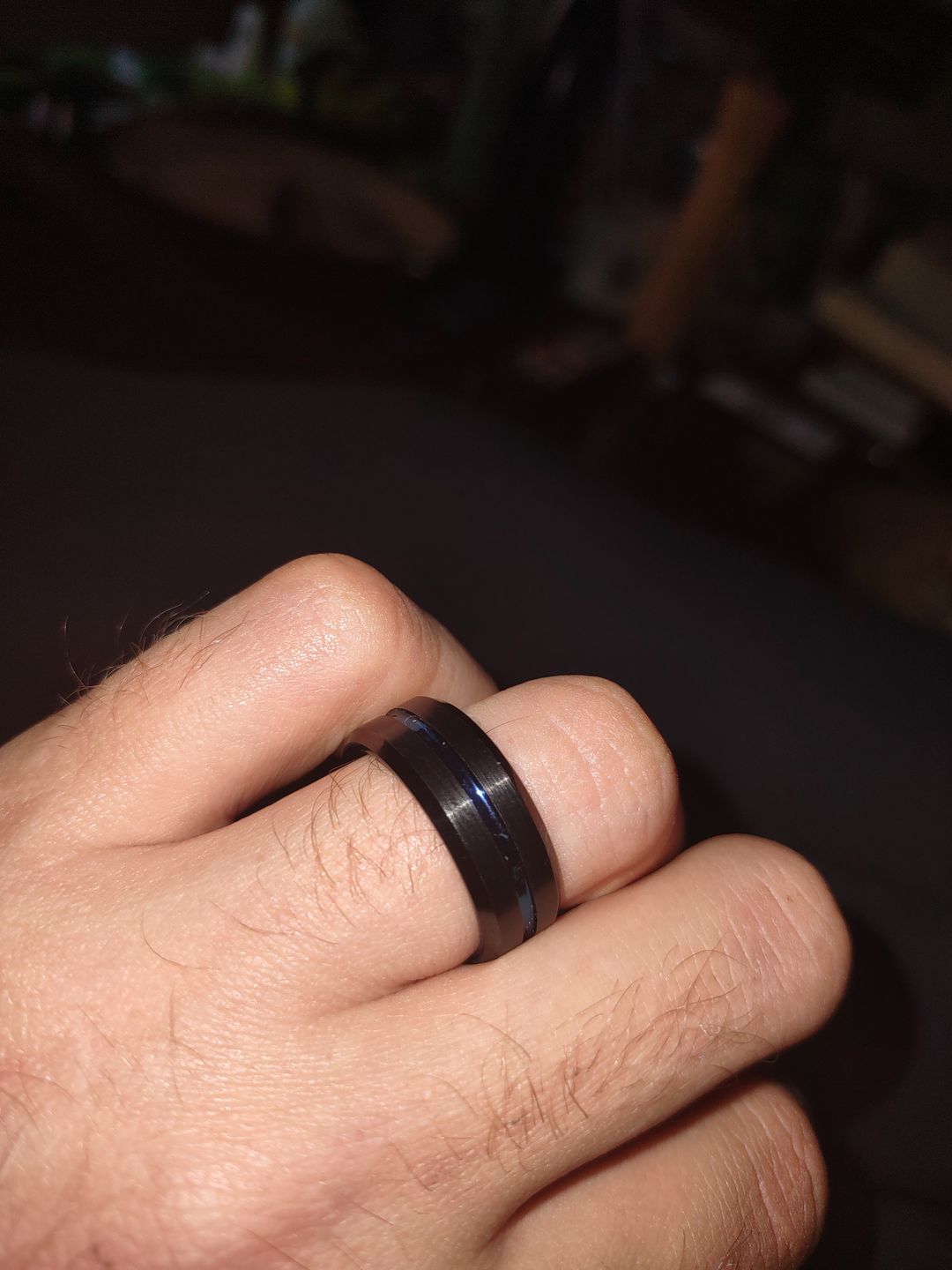Customer photo review of 8mm - Black Blue Tungsten Carbide Ring - Grooved Beveled Edges - Wedding Band