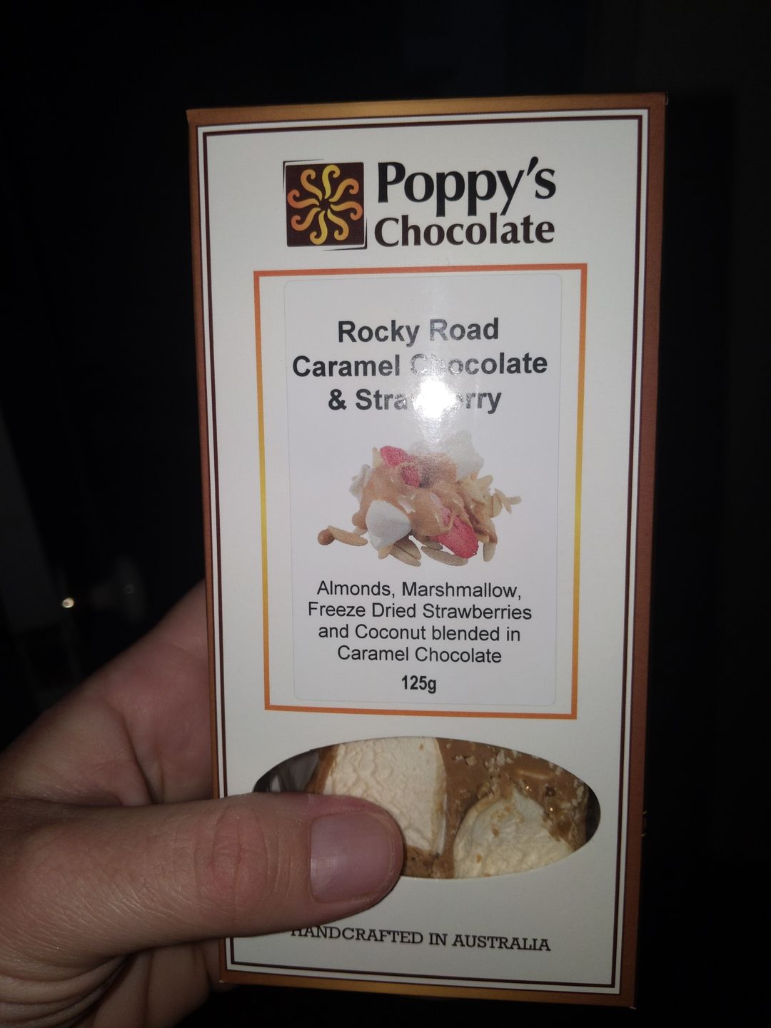 Customer photo review of Rocky Road Strawberries and Almonds Caramel Chocolate 125g