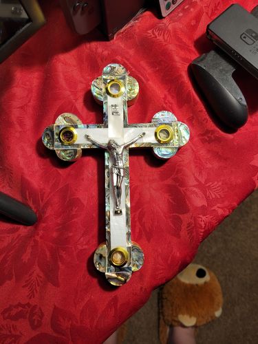 Customer photo review of Olive Wood Crucifix (Fully covered with Mother of Pearl) - Holy Land Crucifixes