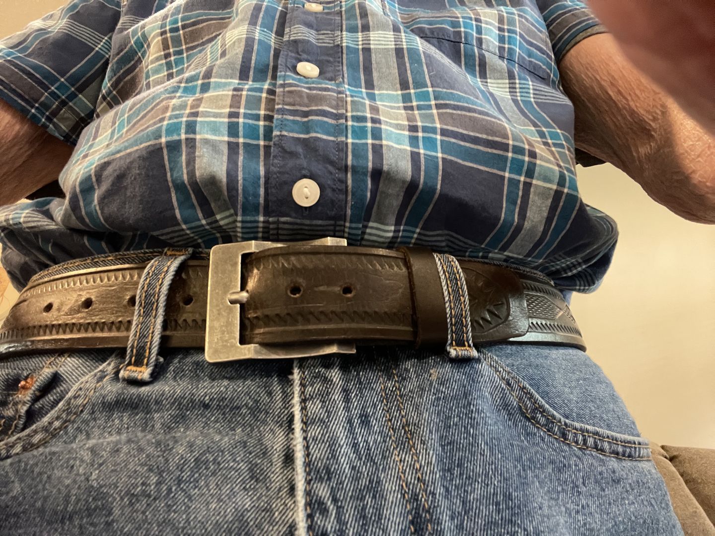 Customer photo review of The Wayfarer Belt - Brown Classic Western Embossed 100% Full Grain Leather Belt