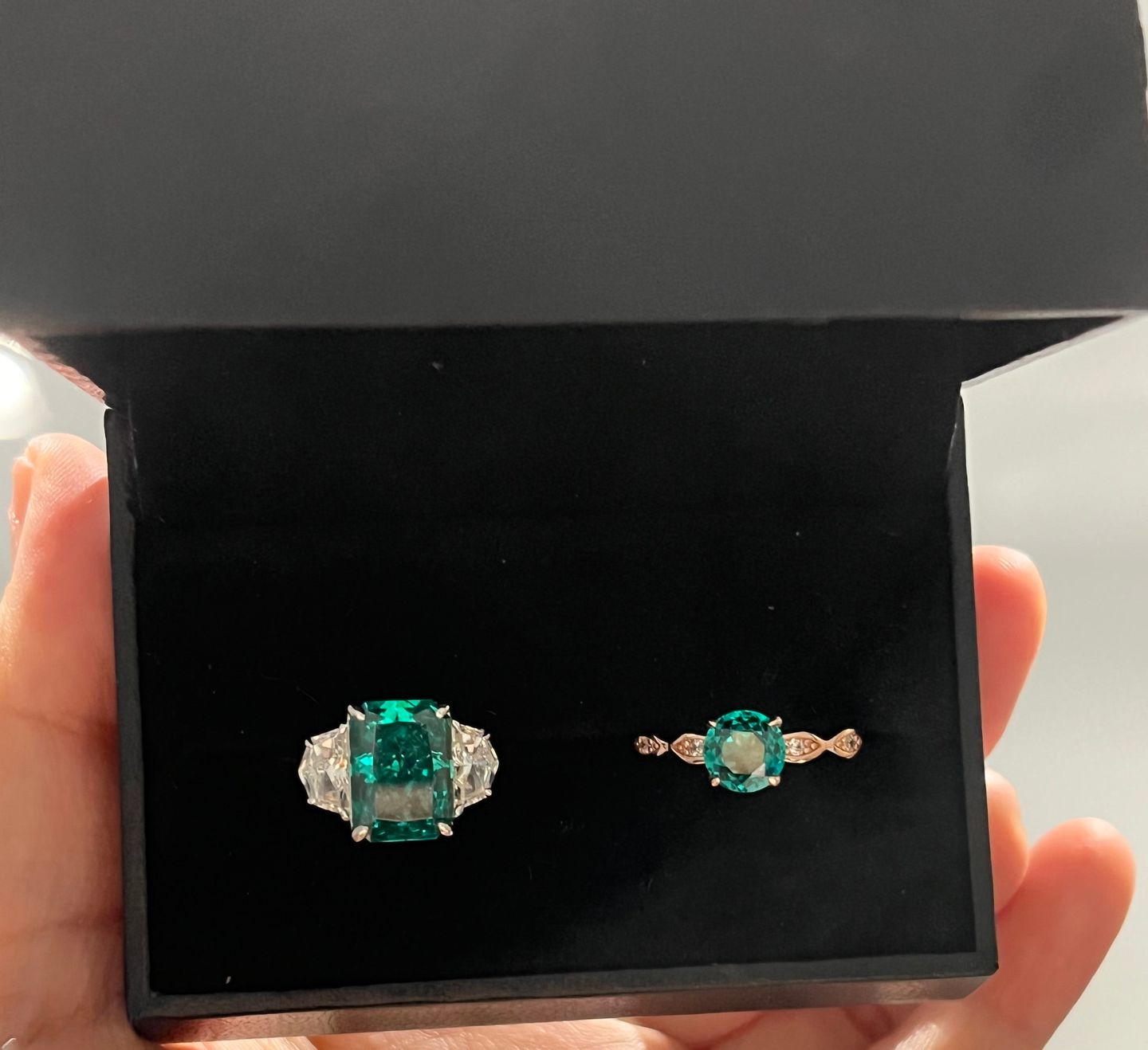 Customer photo review of S925 Paraiba Tourmaline 5 Ct Radiant Cut Three Stone Engagement Ring