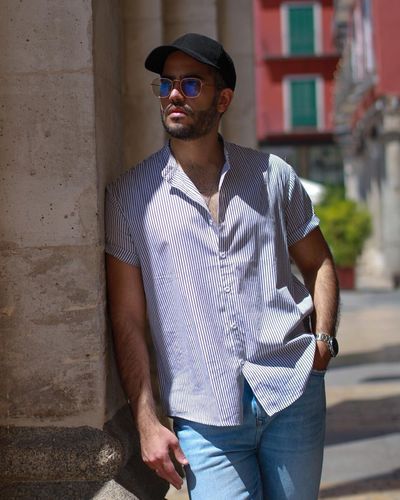 Customer photo review of Men's Breathable Casual Stand Collar Short Sleeve Striped Shirts