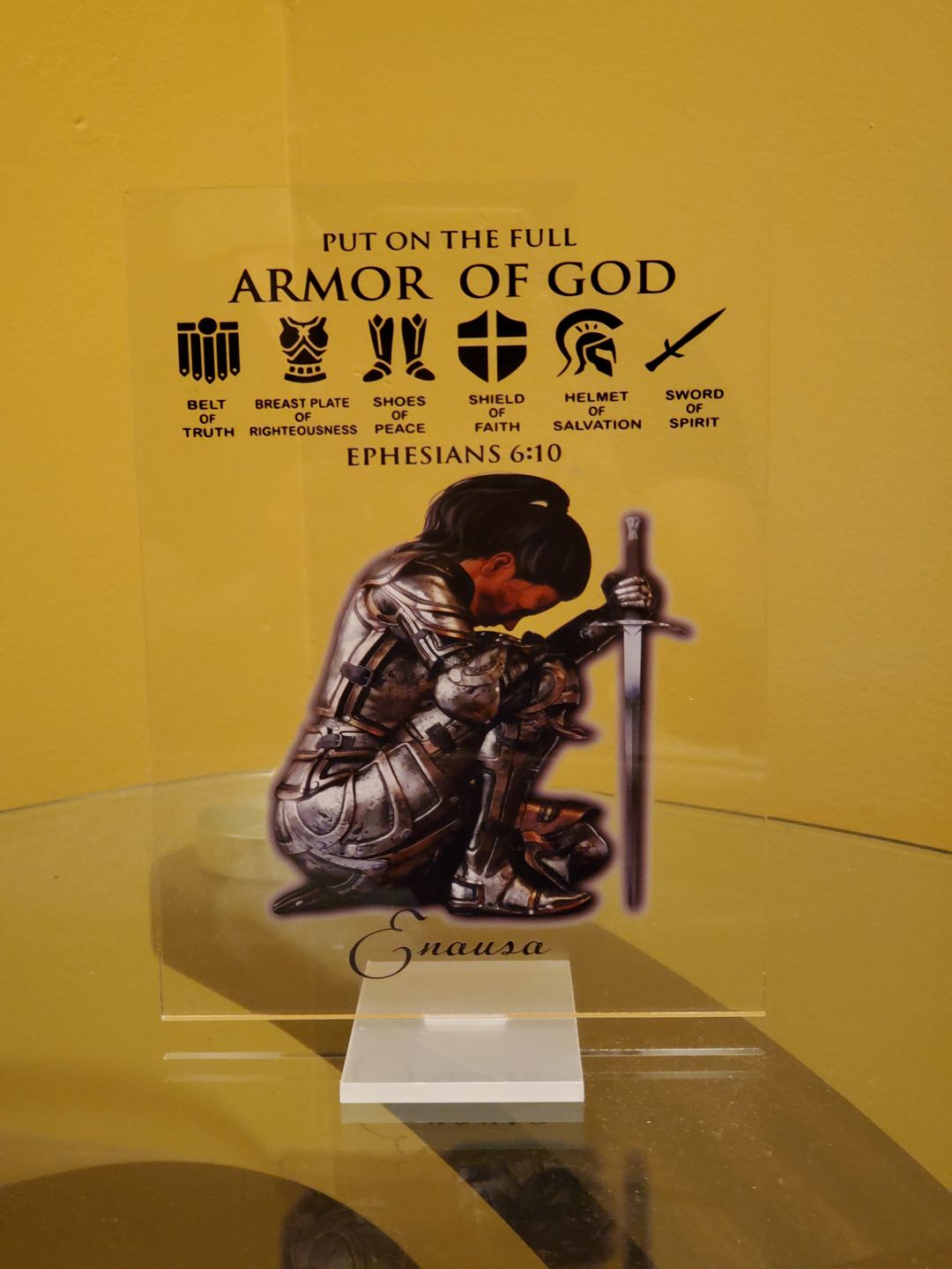 Customer photo review of Personalized Custom Name, Skin Tone And Hairstyles Woman Warrior Of God of God Put On The Full Armor of God Ephesians 6-10 Acrylic Plaque