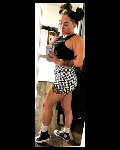 Customer photo review of Salty Savage Ladies High Rise Spliced Training Shorts | Wet Suit Performance | Black/White Micro Checkerboard