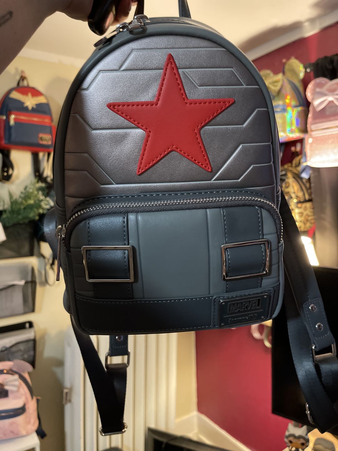Customer photo review of Loungefly Marvel Winter Soldier Cosplay Mini Backpack