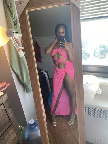 Customer photo review of Rhinestone Unusual Cutout Strappy Twisted Split Maxi Dress