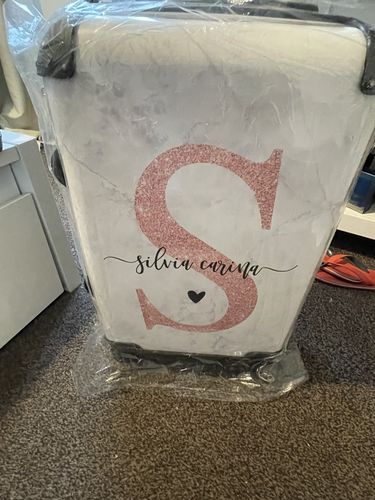 Customer photo review of Grey Marble Personalised Pink Glitter Initial Suitcase