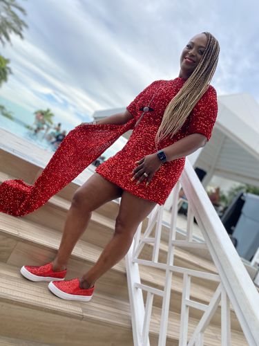 Customer photo review of Solid Color Sparkly Irregular Cut Out Mini Dress