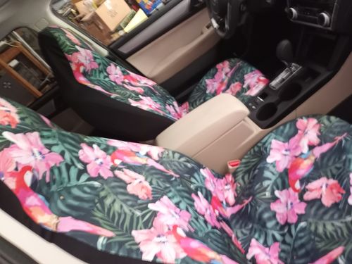 Customer photo review of Parrot Car Seat Covers Custom Hawaiian Tropical Car Accessories