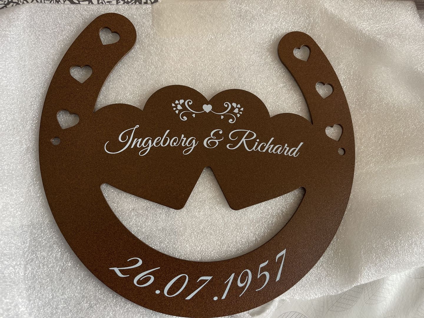 Customer photo review of Glückshufeisen aus edlem Stahl noble Design (personalisierbar) - ausgefallenes Hochzeitsgeschenk