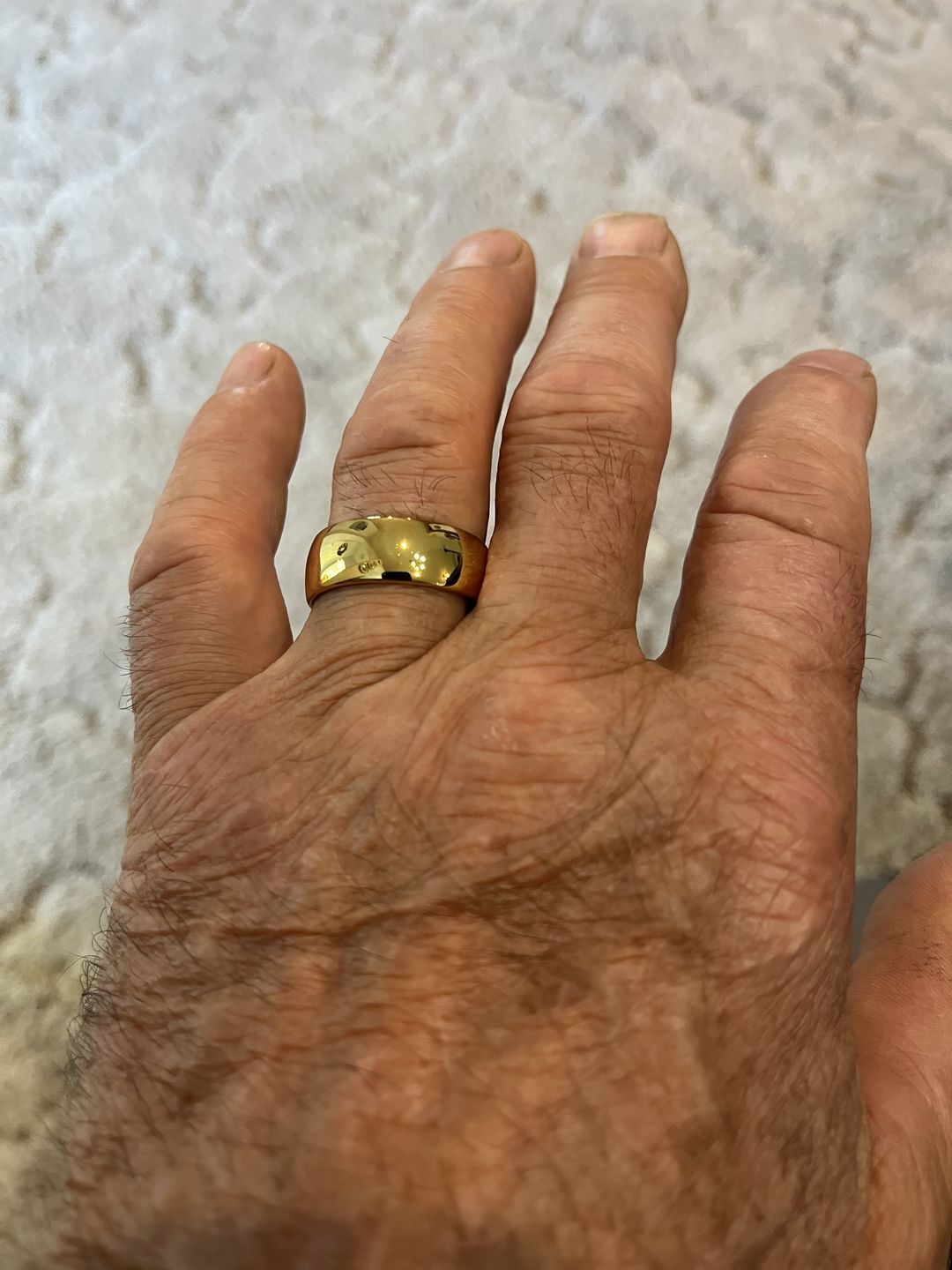 Customer photo review of 9mm - 14k Yellow Gold Tungsten Wedding Band, High Polish Dome Shape, Anniversary Ring