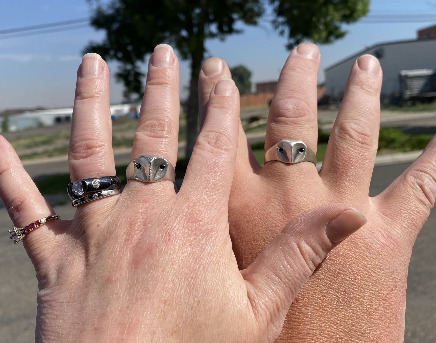 Customer photo review of Owl Ring with Sapphire Eyes