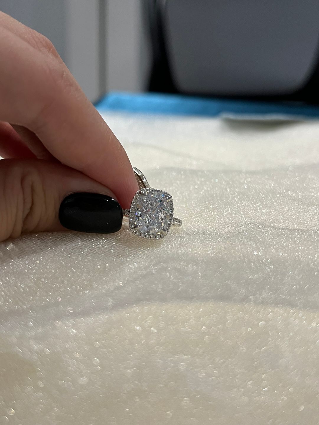 Customer photo review of Louily Luxurious Halo Cushion Cut Simulated Diamond Engagement Ring In Sterling Silver