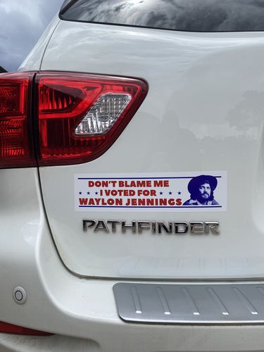 Customer photo review of I Voted for Waylon Jennings Bumper Sticker