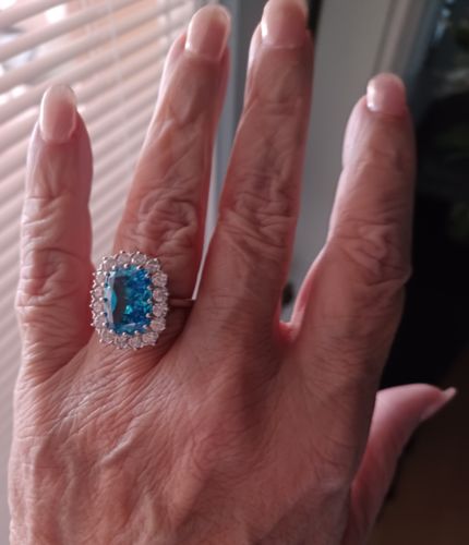 Customer photo review of Halo Blue Cushion CZ Ring in Sterling Silver