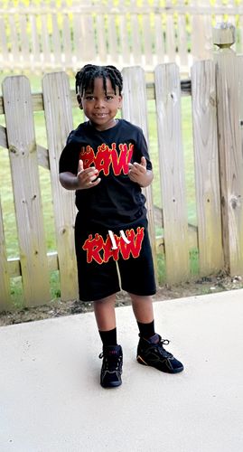 Customer photo review of Kids RAW Flame Red Chenille Crew Neck - Black