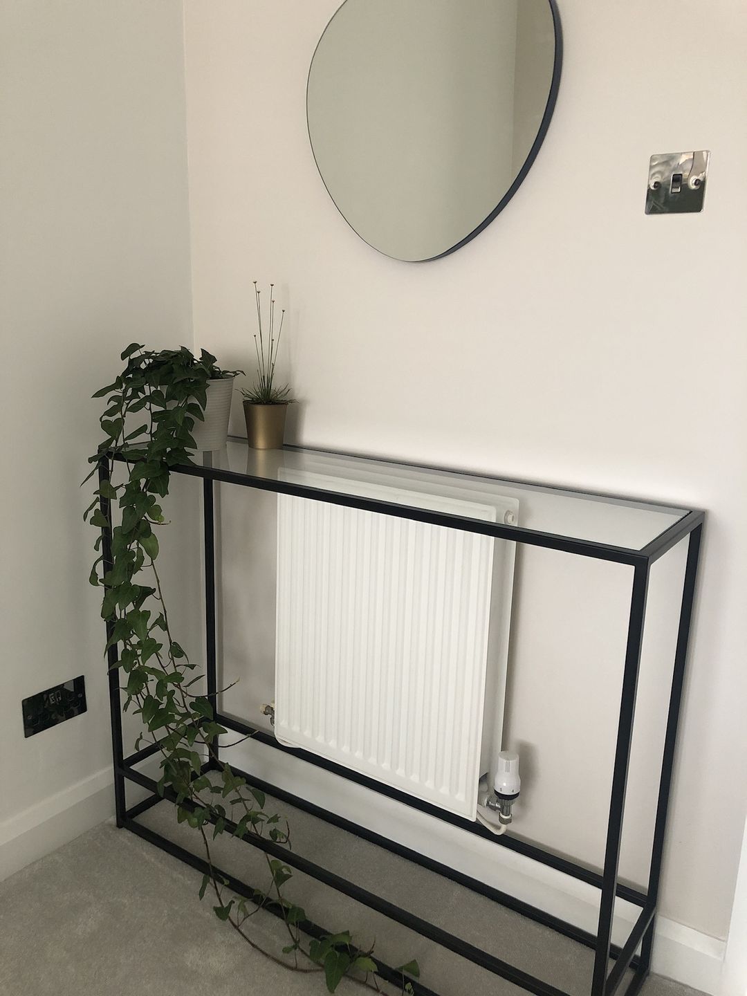 Customer photo review of Glass Metal Console Table Matte Black Frame
