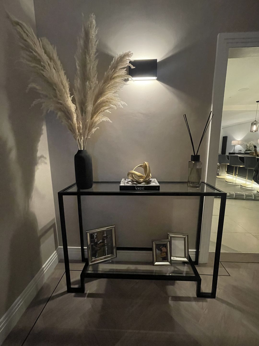 Customer photo review of Glass Metal Console Table Matte Black Frame