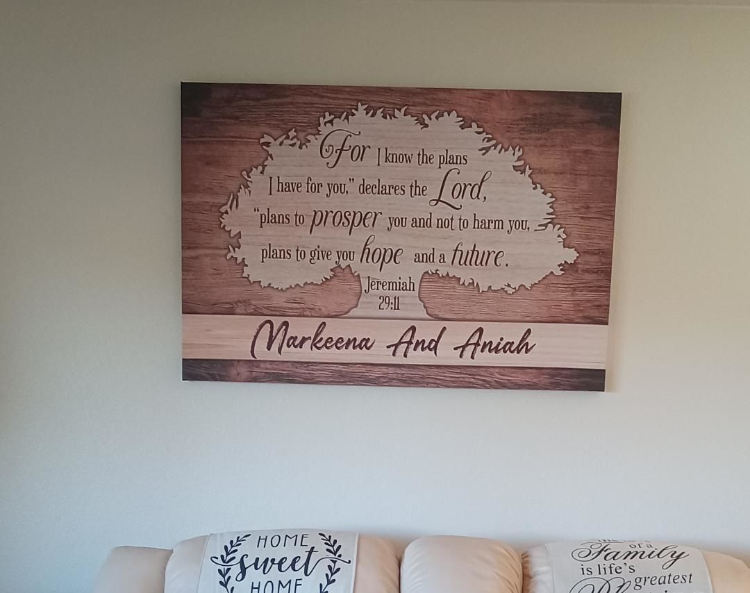 Customer photo review of For I know the plans I have for you Jeremiah 29:11 personalized name wall art canvas
