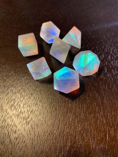 Customer photo review of Raised Fantastic Glass DnD Dice Set Moon Dice