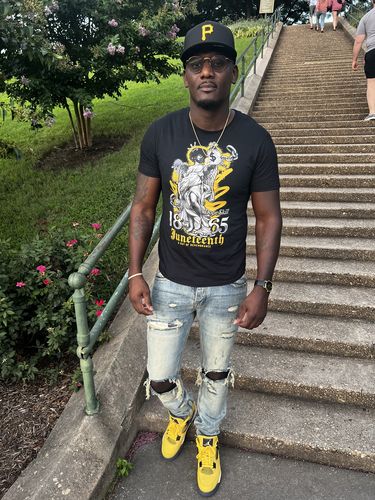 Customer photo review of Jordan 4 Lightning DopeSkill T-Shirt Juneteenth Graphic