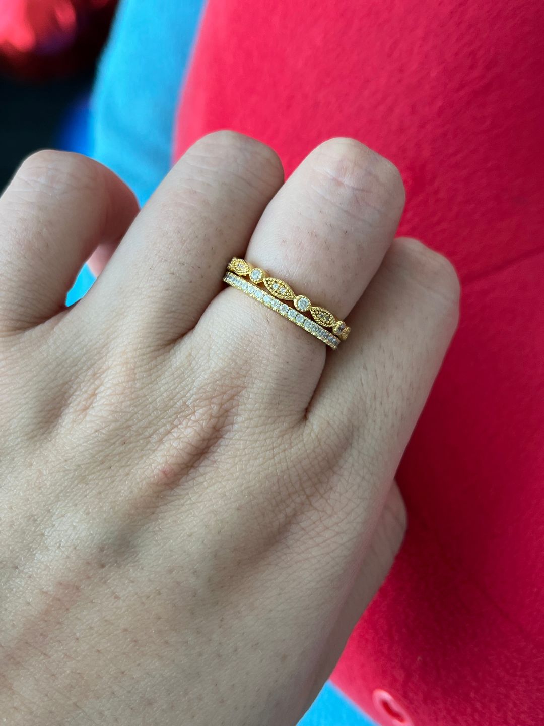 Customer photo review of Louily Yellow Gold Full Eternity Art Deco Stackable Wedding Band Set