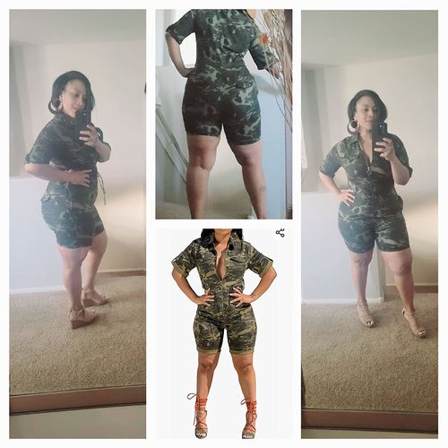 Customer photo review of Camouflage Lapel Zipper Feminine Drawstring Romper