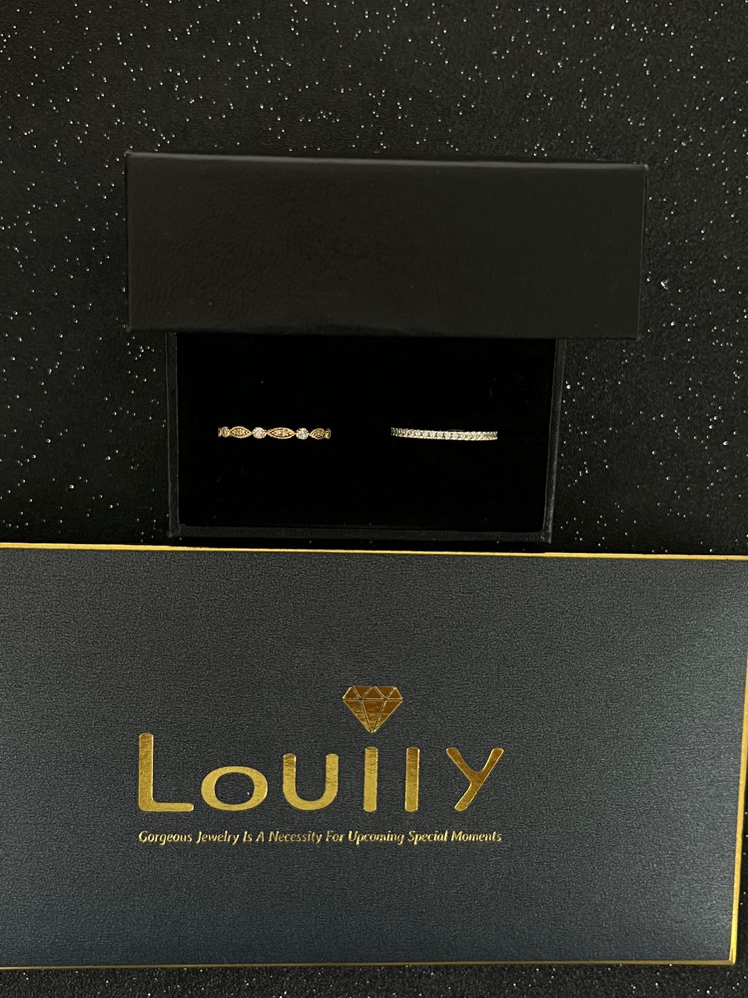 Customer photo review of Louily Yellow Gold Full Eternity Art Deco Stackable Wedding Band Set
