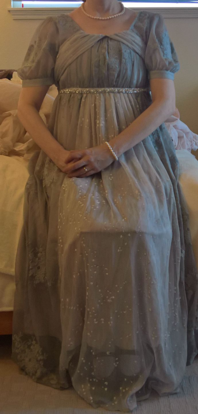 Customer photo review of Bridgerton Empire Waist grey ball gown, Regency Era dress with Lace Embroidery,  Jane Austin plus size
