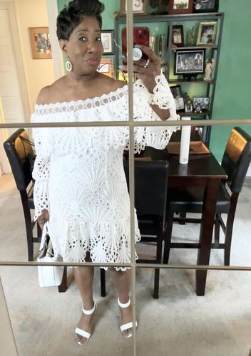 Customer photo review of Lace Cutout Off Shoulder Sweet Mini Dress