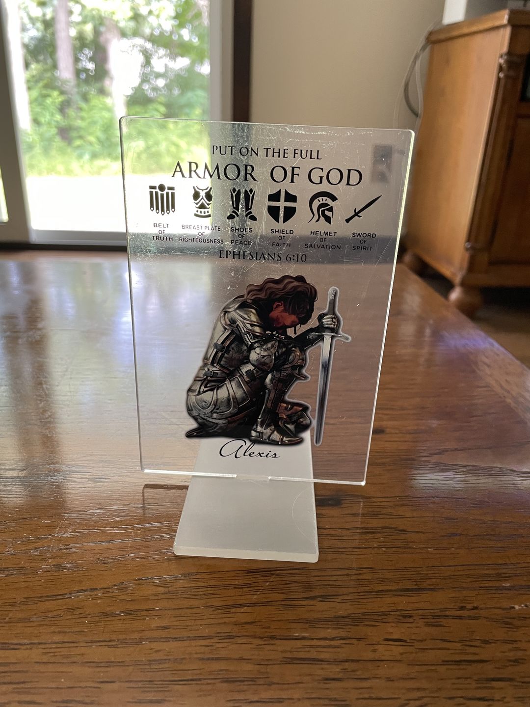 Customer photo review of Personalized Custom Name, Skin Tone And Hairstyles Woman Warrior Of God of God Put On The Full Armor of God Ephesians 6-10 Acrylic Plaque