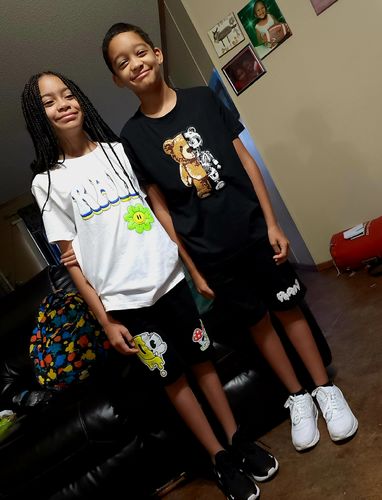 Customer photo review of Kids Smiley Drip Puff Print Crew Neck and Cotton Shorts Set - White Tees / Black Shorts