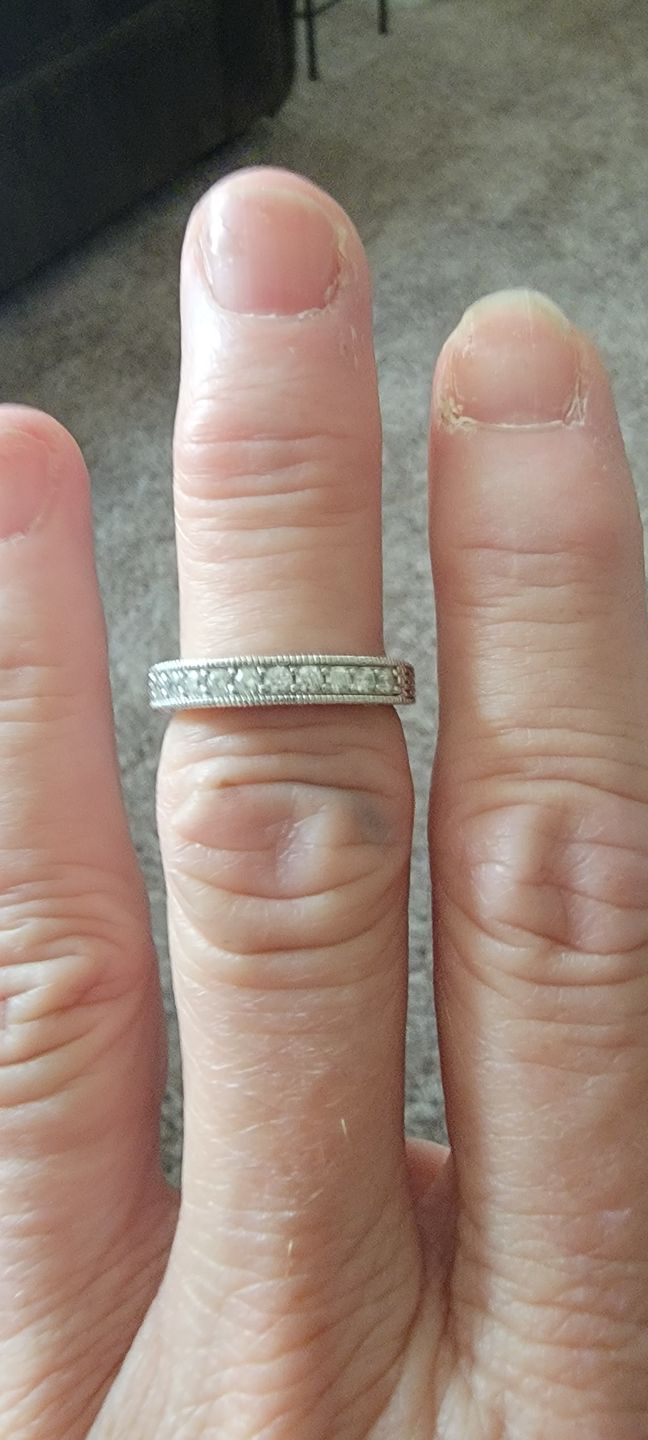 Customer photo review of Vintage Moissanite Sterling Silver Wedding Band Stackable Ring
