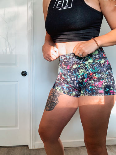 Customer photo review of Salty Savage Ladies Mid Rise Booty Scrunch Training Shorts | Wet Suit Performance | Paint Splattered Checkerboard