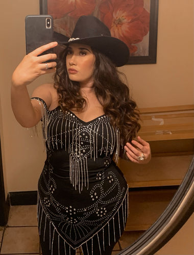 Customer photo review of Rhinestone Tassels Cold Shoulder Stunning Irregular Mini Dress