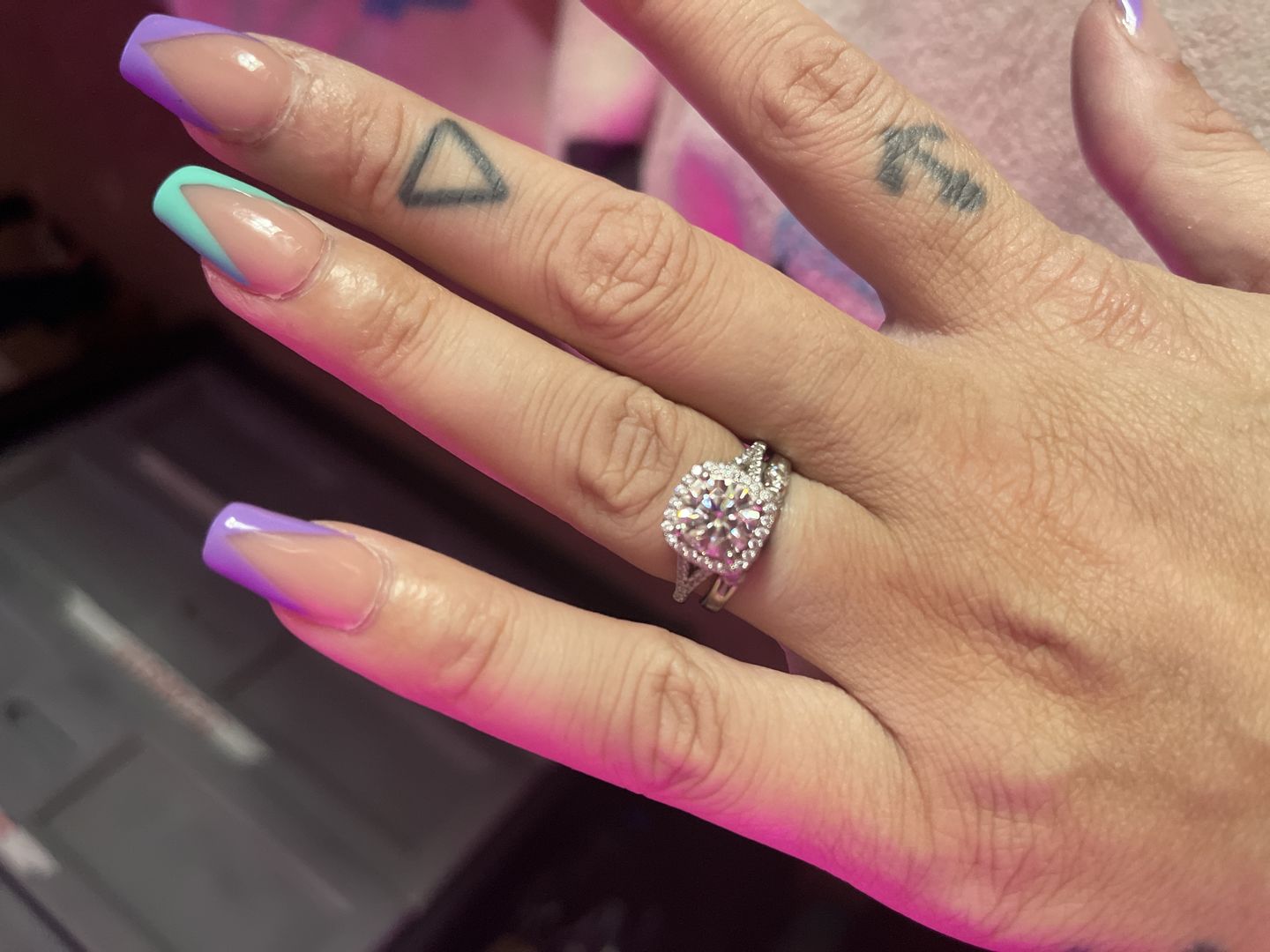 Customer photo review of Moissanite Split Shank Square Halo Pave Sterling Silver Wedding Ring
