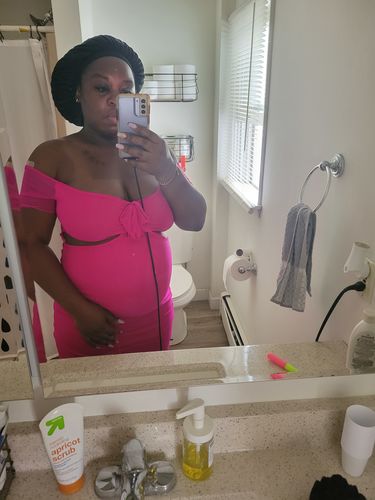 Customer photo review of Solid Color Pretty Ruched Off Shoulder Midi Dress