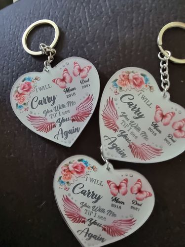 Customer photo review of I Will Carry You With Me Til' I See You Again Butterfly Memorial Gift Heart Acrylic Keychain