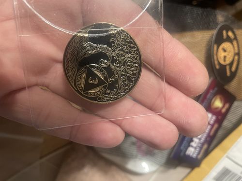 Customer photo review of 1 to 65 Year Sobriety Mint Twisted Tree of Life Gold Plated AA Recovery Medallion/Chip/Coin - Black