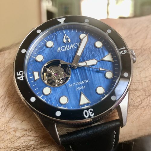 Customer photo review of Aquacy Hei Matau Cave Diver Open Heart Men's Automatic 200M Blue Mother of Pearl Dive Watch CD.38.BLMOP.B.L
