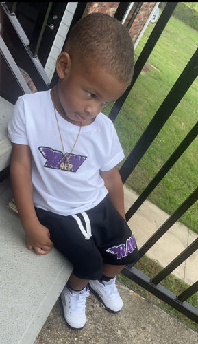Customer photo review of Kids RAW Purple Chenille Crew Neck and Cotton Shorts Set - White Tees / Black Shorts