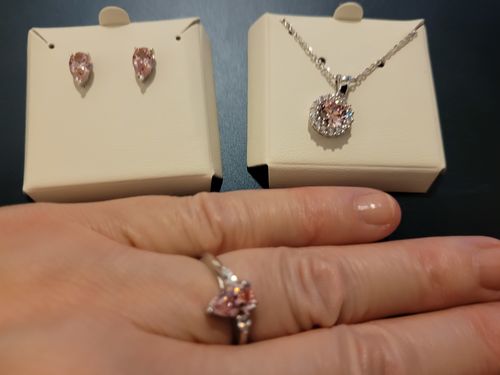 Customer photo review of 3-Stone Morganite Color Pear CZ Ring in Sterling Silver 0.8ct