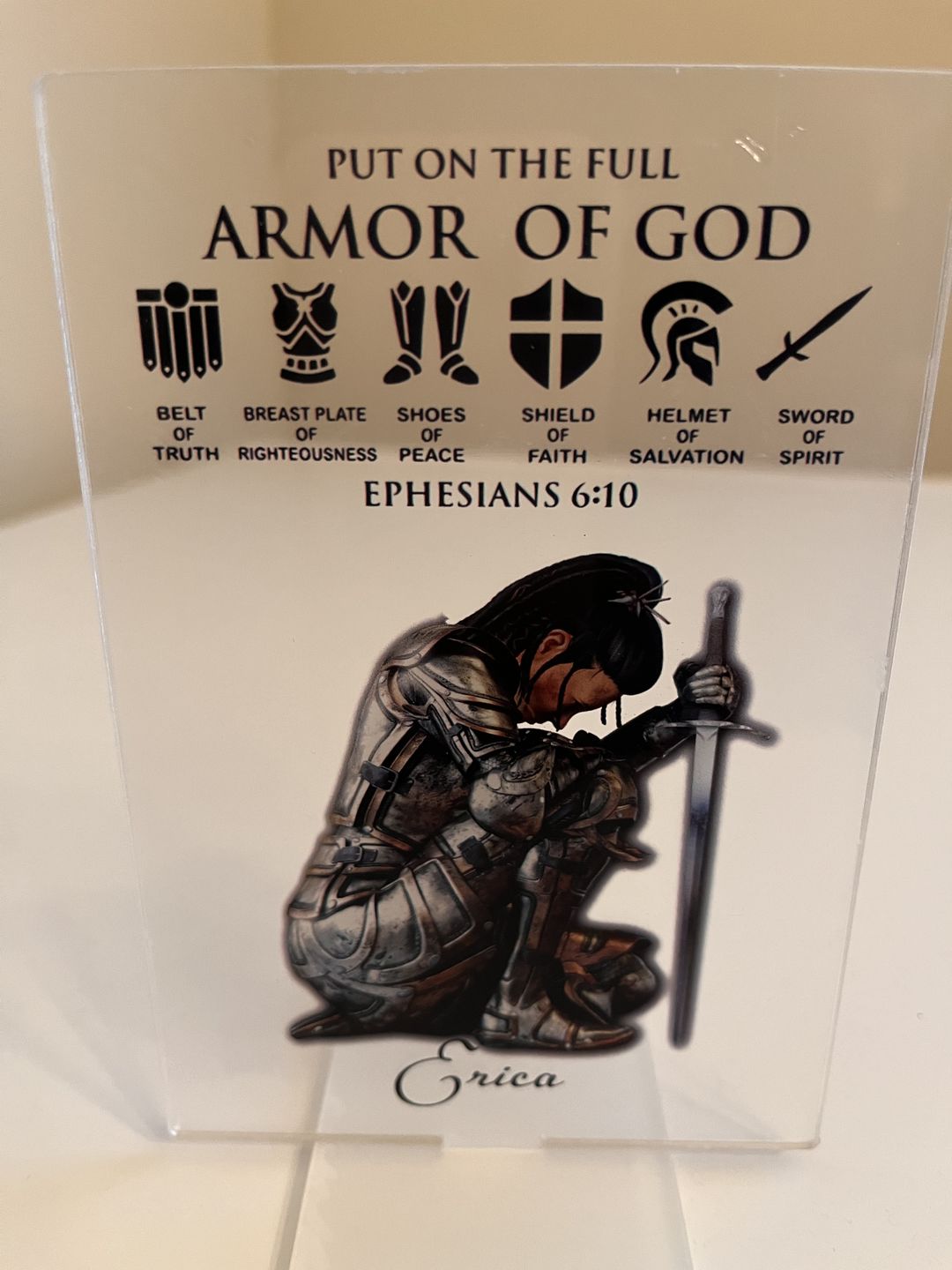 Customer photo review of Personalized Custom Name, Skin Tone And Hairstyles Woman Warrior Of God of God Put On The Full Armor of God Ephesians 6-10 Acrylic Plaque