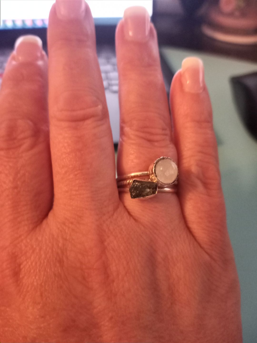 Customer photo review of Moonstone and Aquamarine Ring Stacking Set Sterling Silver