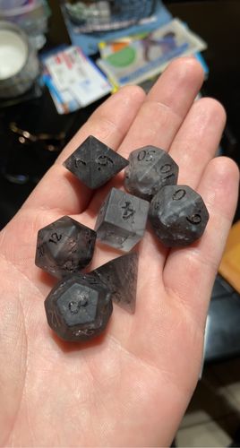 Customer photo review of Raised Black Lightning Glass DnD Dice Set All Number Dice