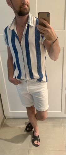 Customer photo review of Chemise à manches courtes décontractée à rayures verticales bleu vintage pour hommes