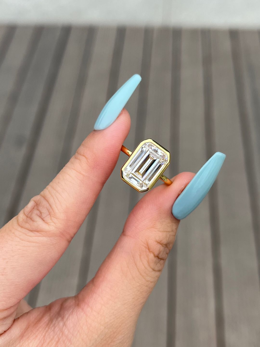 Customer photo review of Louily Unique Yellow Gold Emerald Cut Bezel Engagement Ring In Sterling Silver