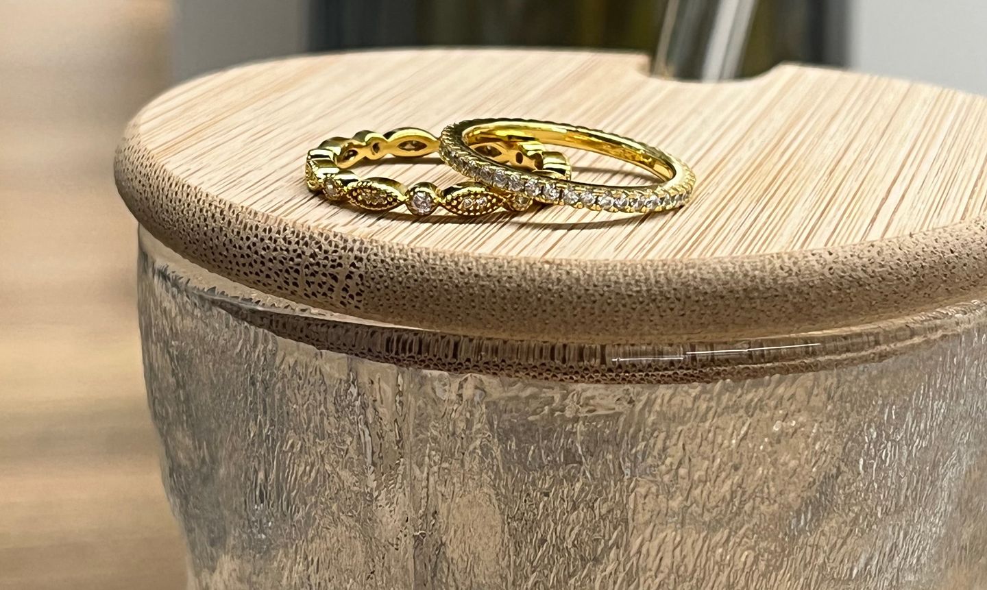 Customer photo review of Louily Yellow Gold Full Eternity Art Deco Stackable Wedding Band Set